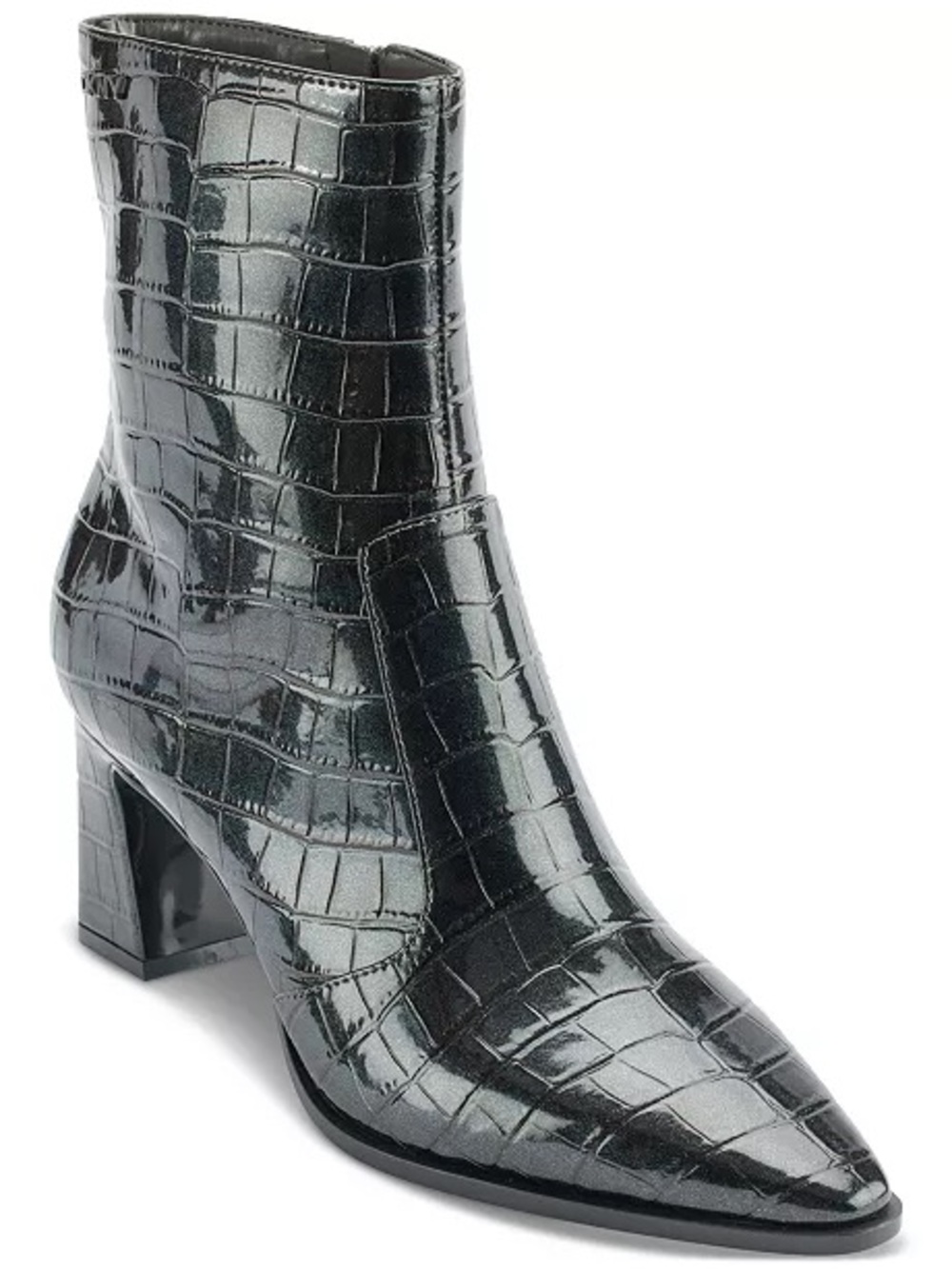 DKNY Black Croc-Embossed Pointed Toe Mid-Heel Ankle Boots
